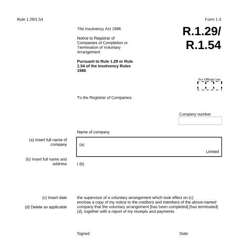 Document preview: Give notice of completion or termination of voluntary arrangement (1.4) — Companies House, United Kingdom