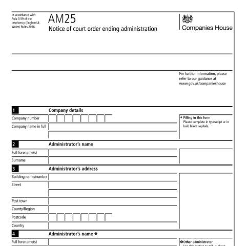 Document preview: Give notice of court order ending administration (AM25) — Companies House, United Kingdom