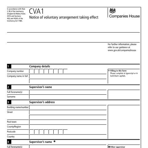 Document preview: Give notice of voluntary arrangement taking effect (CVA1) — Companies House, United Kingdom