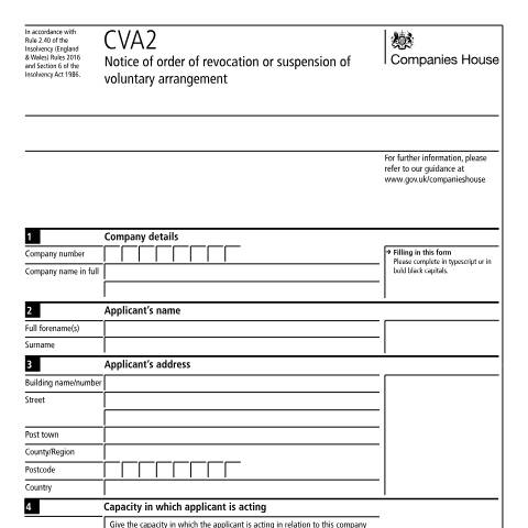 Document preview: Give notice of order of revocation or suspension of voluntary arrangement (CVA2) — Companies House, United Kingdom