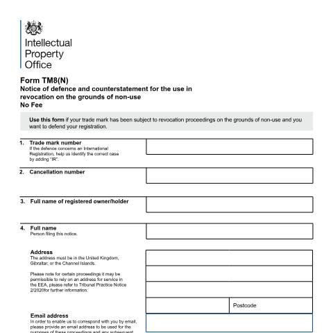Document preview: Notice of defence for the use in revocation on the grounds of non-use — Intellectual Property Office, United Kingdom