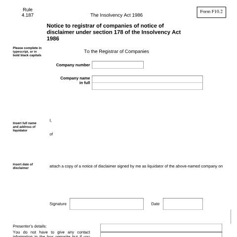 Document preview: Give notice of disclaimer under section 178 of Insolvency Act (F10.2) — Companies House, United Kingdom