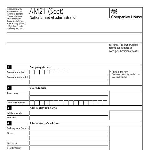 Document preview: Give notice of end of administration for a Scottish company: AM21 (Scot) — Companies House, United Kingdom