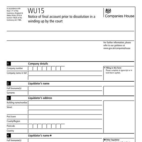 Document preview: Give notice of the final account prior to dissolution (WU15) — Companies House, United Kingdom