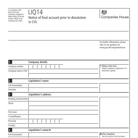 Document preview: Give notice of final account prior to dissolution in CVL (LIQ14) — Companies House, United Kingdom