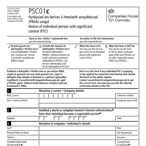 Document preview: Give notice of individual person with significant control (PSC01c) — Companies House, United Kingdom