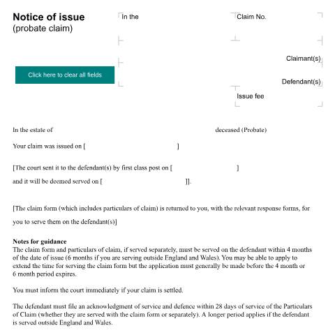 Document preview: Notice of issue (probate claim): Form N205D — HM Courts & Tribunals Service, United Kingdom