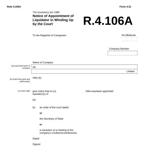 Document preview: Give notice of appointment of liquidator (4.31) — Companies House, United Kingdom