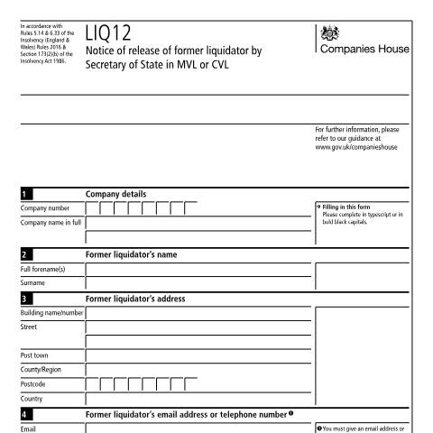 Document preview: Give notice of release of former liquidator by secretary of state — Companies House, United Kingdom