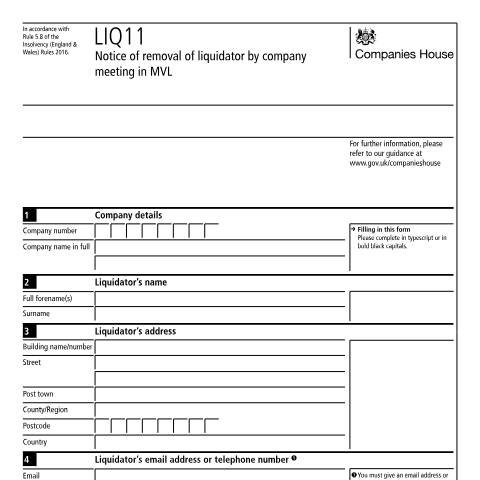 Document preview: Give notice of removal of liquidator by company meeting in MVL (LIQ11) — Companies House, United Kingdom