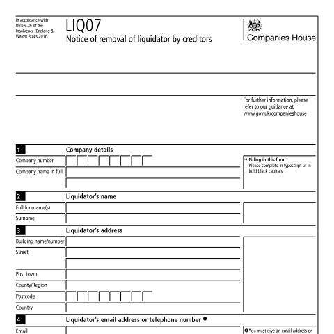 Document preview: Give notice of removal of liquidator by creditors (LIQ07) — Companies House, United Kingdom