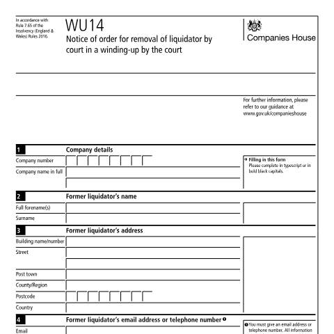 Document preview: Give notice of an order for removal of liquidator (WU14) — Companies House, United Kingdom