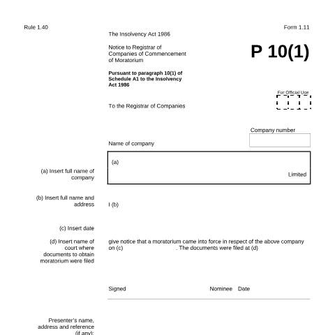 Document preview: Give notice of commencement of moratorium (1.11) — Companies House, United Kingdom