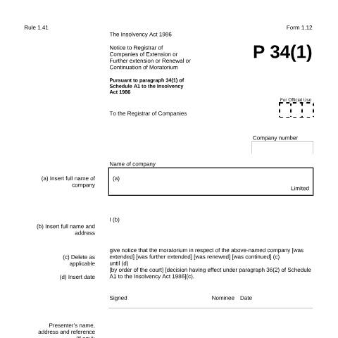 Document preview: Give notice of extension or continuation of moratorium (1.12) — Companies House, United Kingdom