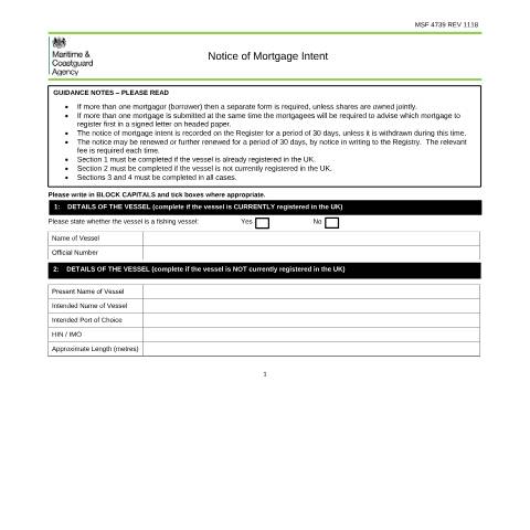 Document preview: Notice of mortgage intent (MSF 4739) — Maritime and Coastguard Agency, United Kingdom