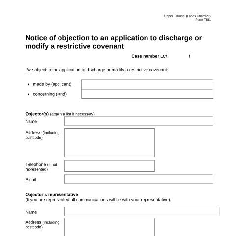Document preview: Notice of Objection to a Restrictive Covenant Application: Form T381 — HM Courts & Tribunals Service, United Kingdom
