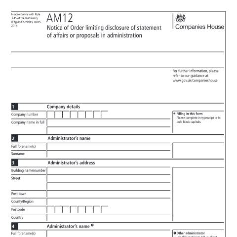 Document preview: Give notice of order limiting disclosure (AM12) — Companies House, United Kingdom