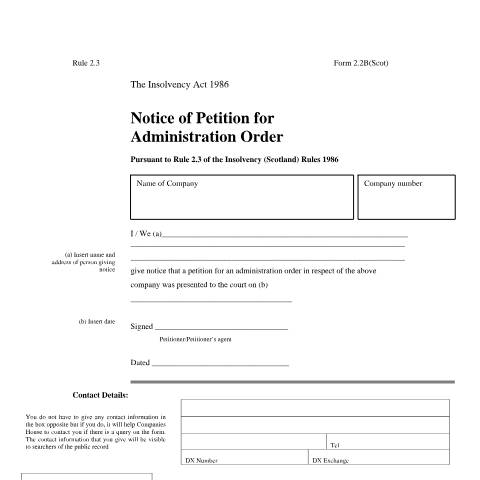 Document preview: Notice of petition for administration order: form 2.2B (Scotland) — The Insolvency Service, United Kingdom