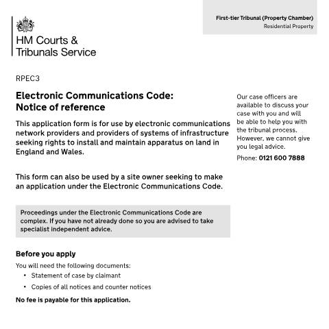 Document preview: Notice of reference – Electronic Communications Code: Form RPEC3 — HM Courts & Tribunals Service, United Kingdom