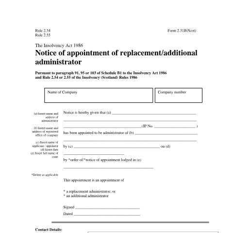 Document preview: Notice of appointment of replacement/additional administrator: form 2.31B (Scotland) — The Insolvency Service, United Kingdom
