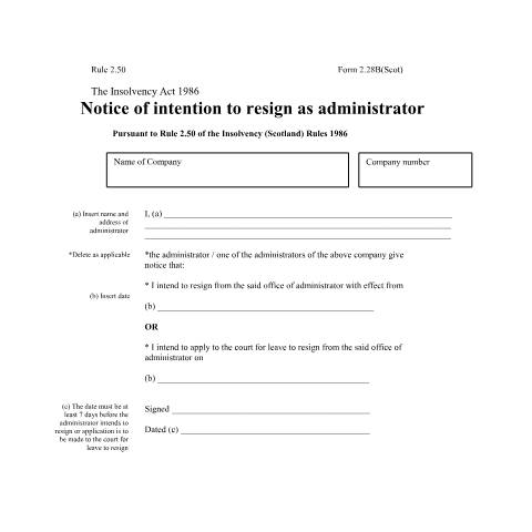 Document preview: Notice of resignation by administrator: form 2.29B (Scotland) — The Insolvency Service, United Kingdom