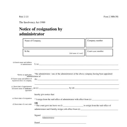Document preview: Give notice of resignation by administrator (2.38B(CH)) — Companies House, United Kingdom