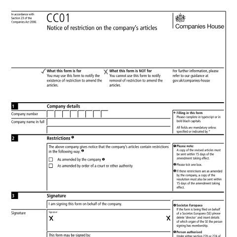 Document preview: Give notice of restriction on the company's articles (CC01) — Companies House, United Kingdom