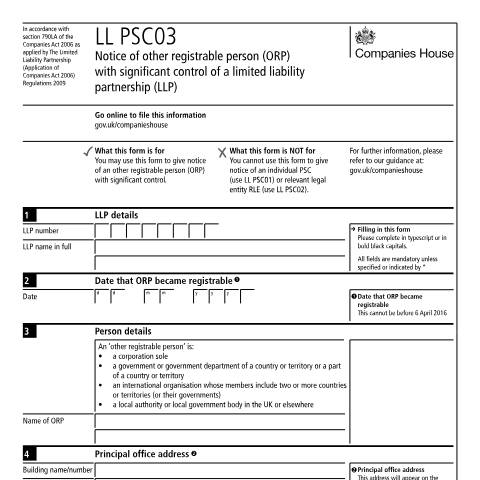 Document preview: Give notice of other registrable person with significant control of a limited liability partnership (LL PSC03) — Companies House, United Kingdom