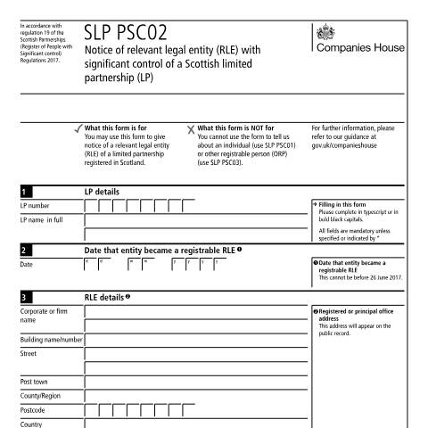 Document preview: Give notice of relevant legal entity with significant control of a Scottish limited partnership (SLP PSC02) — Companies House, United Kingdom