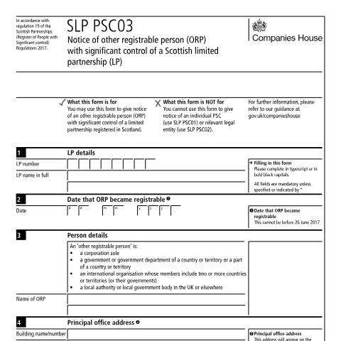 Document preview: Give notice of other registrable person with significant control of a Scottish limited partnership (SLP PSC03) — Companies House, United Kingdom