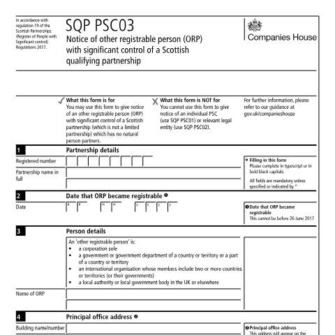 Document preview: Give notice of other registrable person with significant control of a Scottish qualifying partnership (SQP PSC03) — Companies House, United Kingdom