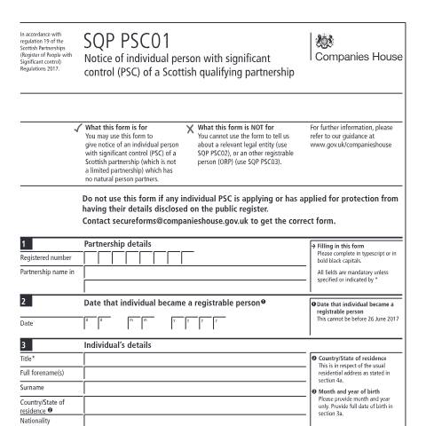 Document preview: Give notice of individual person with significant control of a Scottish qualifying partnership (SQP PSC01) — Companies House, United Kingdom