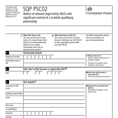 Document preview: Give notice of relevant legal entity with significant control of a Scottish qualifying partnership (SQP PSC02) — Companies House, United Kingdom