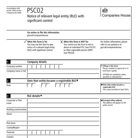 Document preview: Give notice of relevant legal entity with significant control (PSC02) — Companies House, United Kingdom