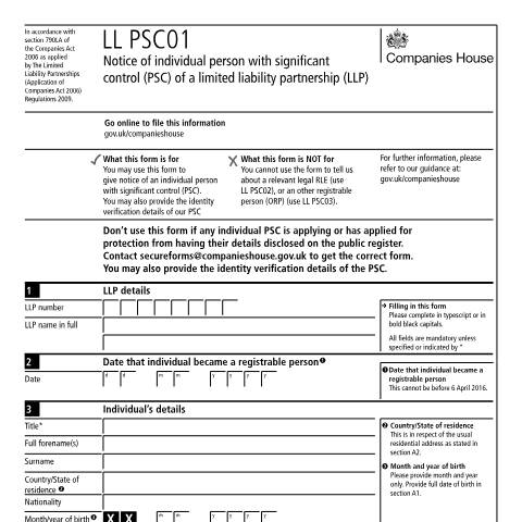 Document preview: Give notice of individual person with significant control of a limited liability partnership (LL PSC01) — Companies House, United Kingdom