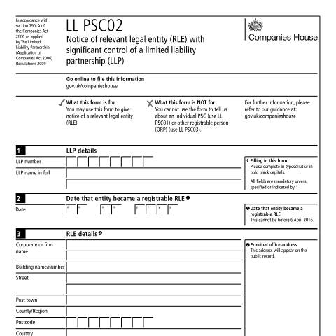 Document preview: Give notice of relevant legal entity with significant control of a limited liability partnership (LL PSC02) — Companies House, United Kingdom