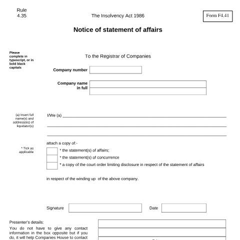 Document preview: Give notice of the statement of affairs (F4.41) — Companies House, United Kingdom