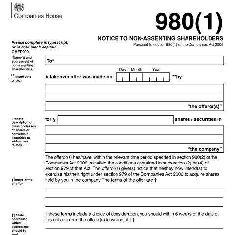 Document preview: Notice of takeover offer to non-assenting shareholders (980(1)) — Companies House, United Kingdom