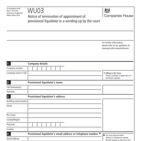Document preview: Give notice of termination of appointment of provisional liquidator (WU03) — Companies House, United Kingdom