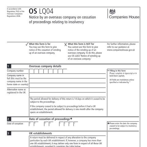 Document preview: Give notice of the cessation of winding up of an overseas company (OS LQ04) — Companies House, United Kingdom