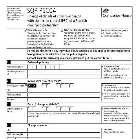 Document preview: Give notice to change details of a person with significant control of a Scottish qualifying partnership (SQP PSC04) — Companies House, United Kingdom