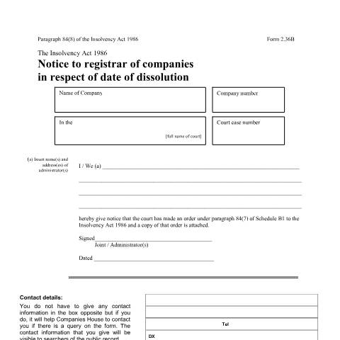 Document preview: Give notice to registrar in respect of dissolution date (2.36B) — Companies House, United Kingdom