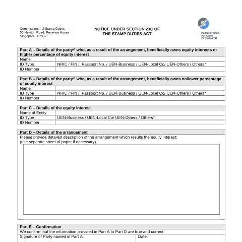 Document preview: Notice under Section 23C — IRAS / Stamp Duty, Singapore (CERFA n°NOTICE-UNDER-SECTION-23C_2018-02-19_V1-0)