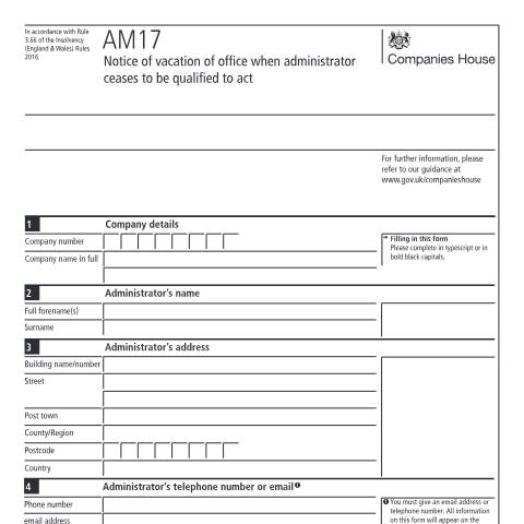 Document preview: Give notice of vacation of office (AM17) — Companies House, United Kingdom