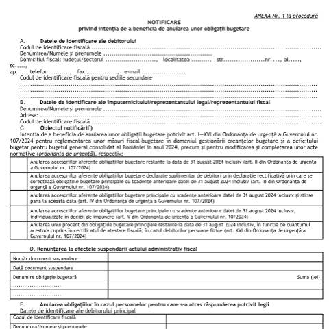 Document preview: Notificare privind intenția de a beneficia de anularea unor obligații bugetare (OMF 5521/2024) — Alte documente, România (CERFA n°A1_OMF_5521_2024)