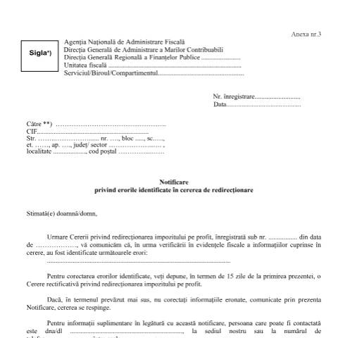 Document preview: Notificare privind erorile identificate în cererea de redirecționare (OPANAF 3562/2024). — Documente emise, România (CERFA n°A3_OPANAF_3562_2024)