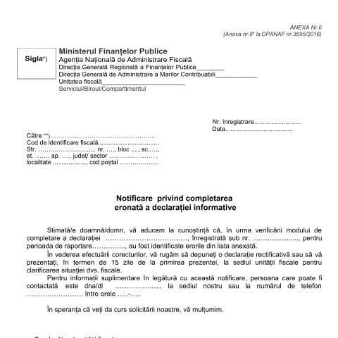 Document preview: Notificare privind completarea eronată a declarației informative (OPANAF 3695/2016,cu modificările și completările ulterioare) — Documente emise, România (CERFA n°A6_OPANAF_3726_2017)