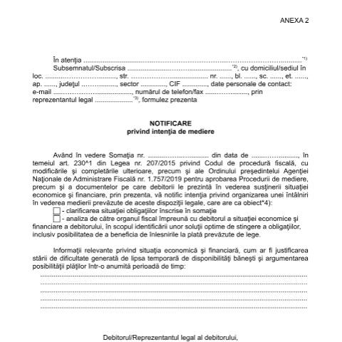 Document preview: Notificare privind intenția de mediere (OPANAF 1757/2019) — Alte documente, România (CERFA n°A2_OPANAF_1757_2019)