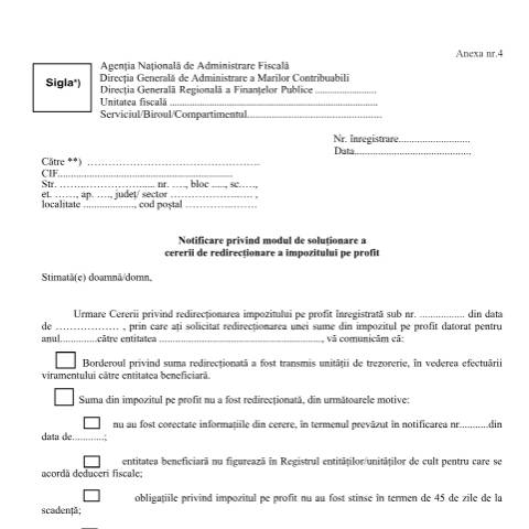 Document preview: Notificare privind modul de soluționare a cererii de redirecționare a impozitului pe profit (OPANAF 3562/2024) — Documente emise, România (CERFA n°A4_OPANAF_3562_2024)