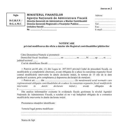 Document preview: Notificare privind modificarea din oficiu a datelor din Registrul contribuabililor/plătitorilor (OPANAF 3792/2024) — Documente emise, România (CERFA n°A2_OPANAF_3792_2024)